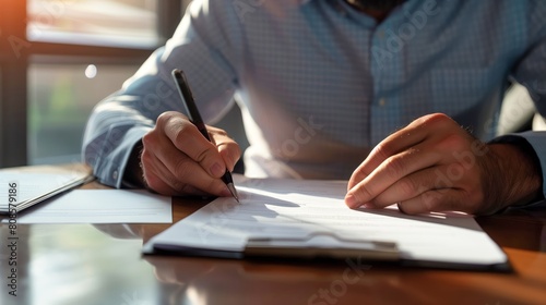 Businessman writing and signing a contract on a desk in an office, in a closeup view of hands holding a pen on a paper document at the workplace.
