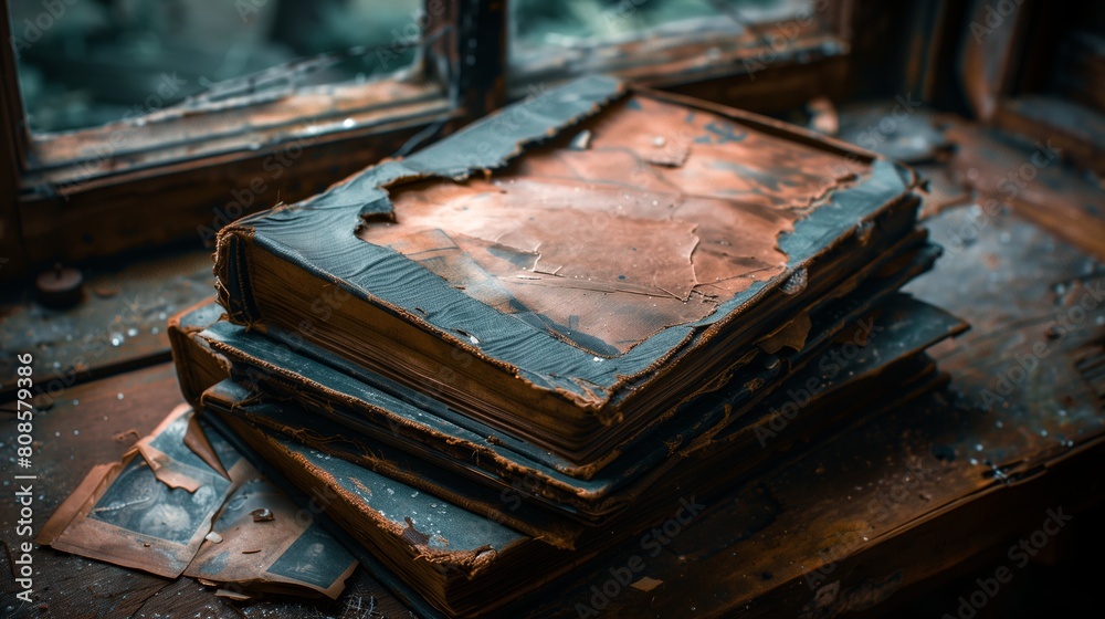 An old, leather bound book with torn pages sits on an antique desk in front of the window. The cover is torn and cracked, showing faded illustrations inside, history and mystery