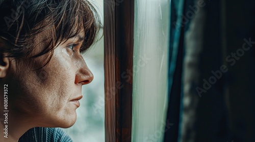 Close up of a woman looking out the window, feeling lonely and sad at home, side view as a half body shot, emotional atmosphere