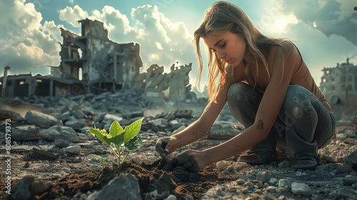 A young woman planting seedling in the destroyed city, hope concept after war,  growing new life on war ruins. wide angle lens natural lighting photo
