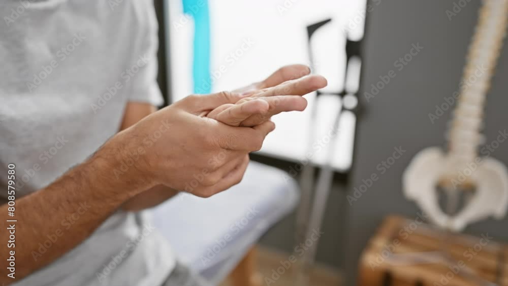 A young hispanic man examines his hand pain in a rehab clinic room, showcasing healthcare and therapy concepts. A young hispanic man examines his hand pain in a rehab clinic room, showcasing healthcare and therapy concepts.