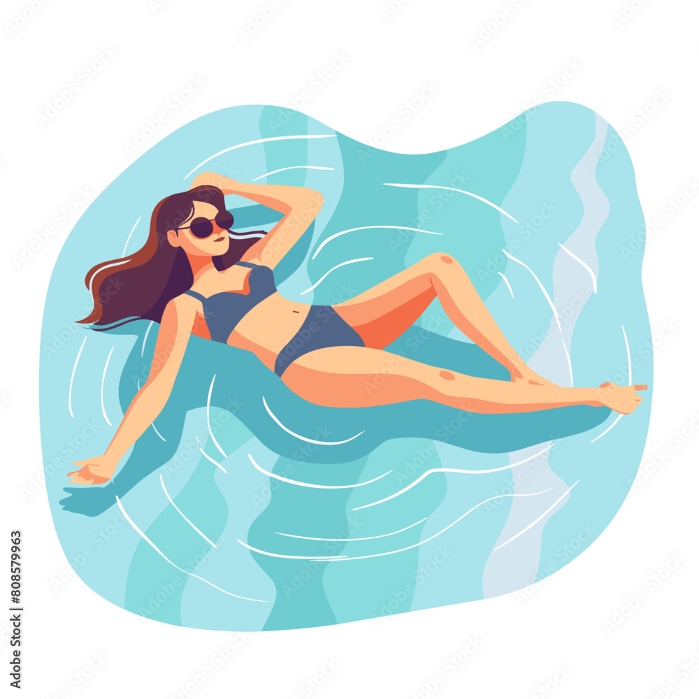 Beautiful girl in swimsuit lying on the water. Vector illustration