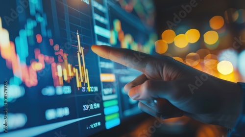 Finger pointer view of market analysis with digital monitor