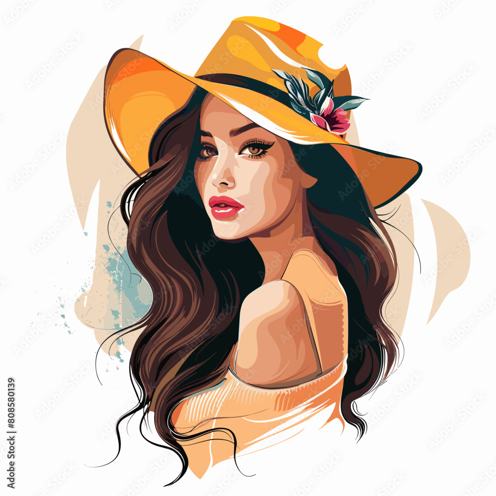 Beautiful woman in a hat. Vector illustration on white background. Beautiful woman in a hat. Vector illustration on white background.