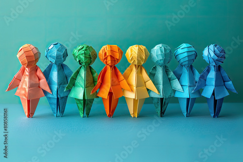 A group of origami people in different colors, standing around each other forming an armless circle. Created with AI photo