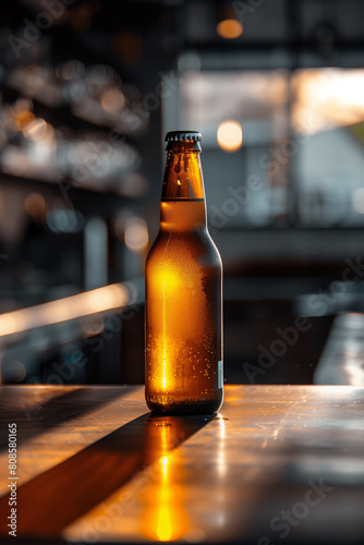 Bottle of beer on the table in a bar, light come though it