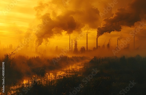 Air pollution image with smoke coming from an industrial chimney in the background. Powerful depiction of global environmental destruction. It shows the impact on human health and the world's climate.