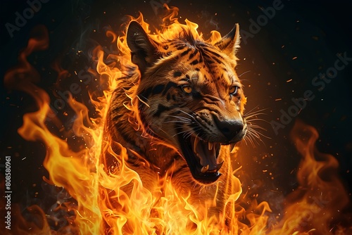 Tasmanian tiger (thylacine) in fire  photo