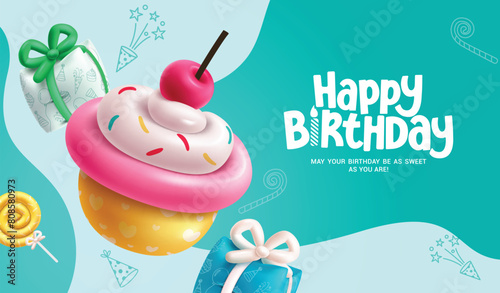 Happy birthday cup cake vector design. Birthday greeting text with inflatable cup cake, lollipop and gifts balloons elements for kids event celebration abstract background. Vector illustration 