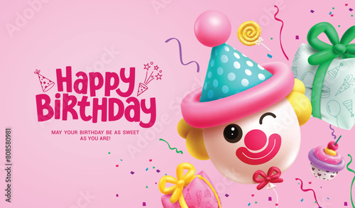 Happy birthday clown balloons vector design. Happy birthday greeting text with clown inflatable, gifts, cup cake and confetti elements for kids party pink background. Vector illustration birthday 