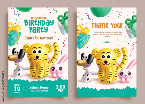 Happy birthday 1st vector template design. Birthday party 1st invitation card with lion, dog, bunny and gift balloons inflatable elements for greeting back and front design. Vector illustration 