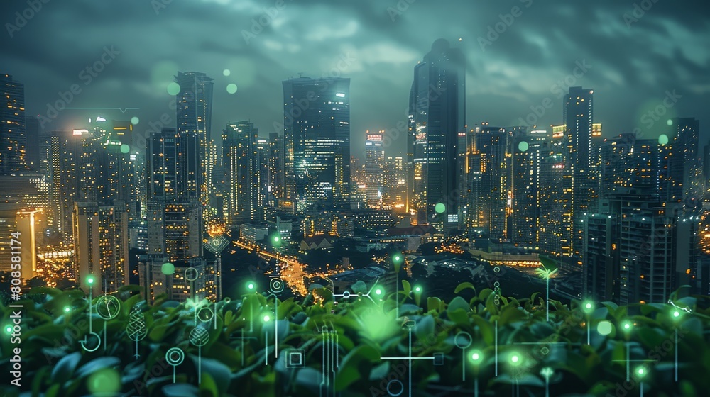 A city skyline with green energy symbols projected onto buildings, showcasing sustainable urban development. Generative AI. A city skyline with green energy symbols projected onto buildings, showcasing sustainable urban development. Generative AI.