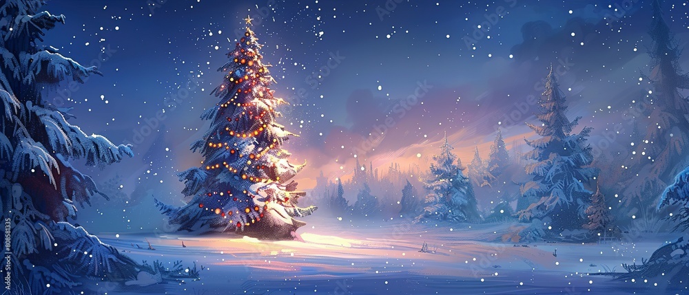 Where a Majestic Christmas Tree Stands Adorned Amidst a Snow-Covered Landscape, Embracing the Spirit of the Season Where a Majestic Christmas Tree Stands Adorned Amidst a Snow-Covered Landscape, Embracing the Spirit of the Season