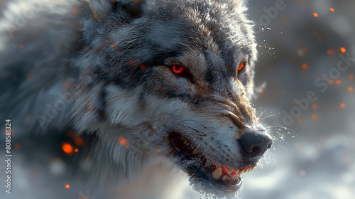 there is a wolf with red eyes and a snow covered face