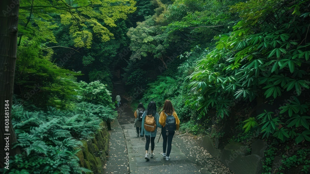 Japanese girls enjoy walking in the forest covered with fresh green leaves and admiring the scenery. Japanese girls enjoy walking in the forest covered with fresh green leaves and admiring the scenery.