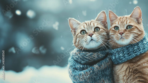 Two cats in a scarf on a winter background. Toned.