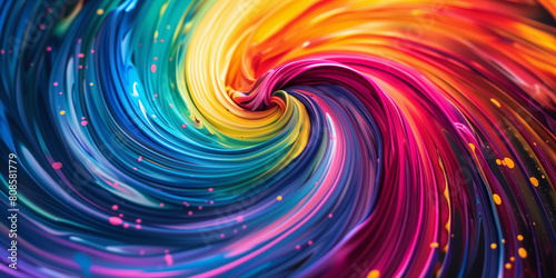 Vortex of multi-colors paints background. Whirlwind of colorful paints creative banner. Raster bitmap digital illustration. AI artwork.