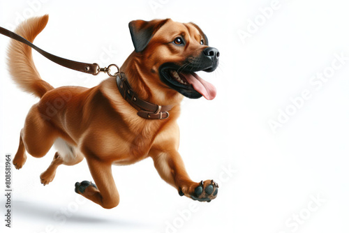 A dog on a long leash runs on a white background