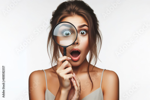 surprised woman Looking through a magnifying glass on white background
