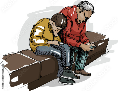 A boy and a man are sitting on a bench and looking at their mobile phones. A scene from urban life sketch. Tech neck and the problems of modern lifestyle concept. Hand drawing, not AI