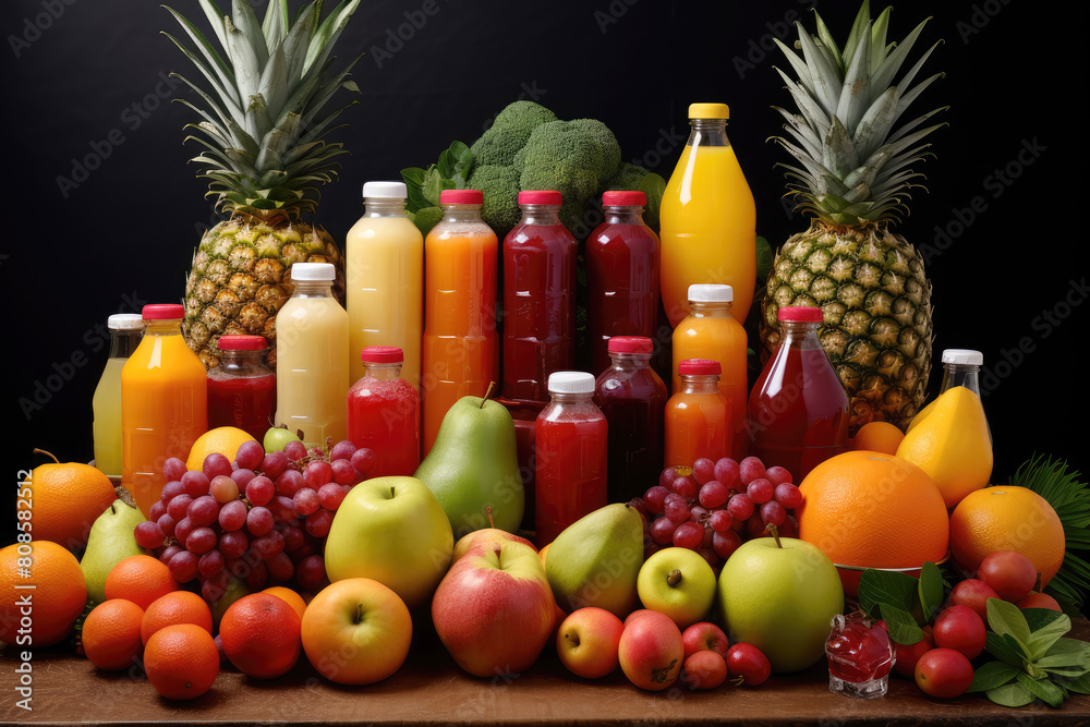 generated Illustration of fresh assorted fruit and juice in bottles generated Illustration of fresh assorted fruit and juice in bottles