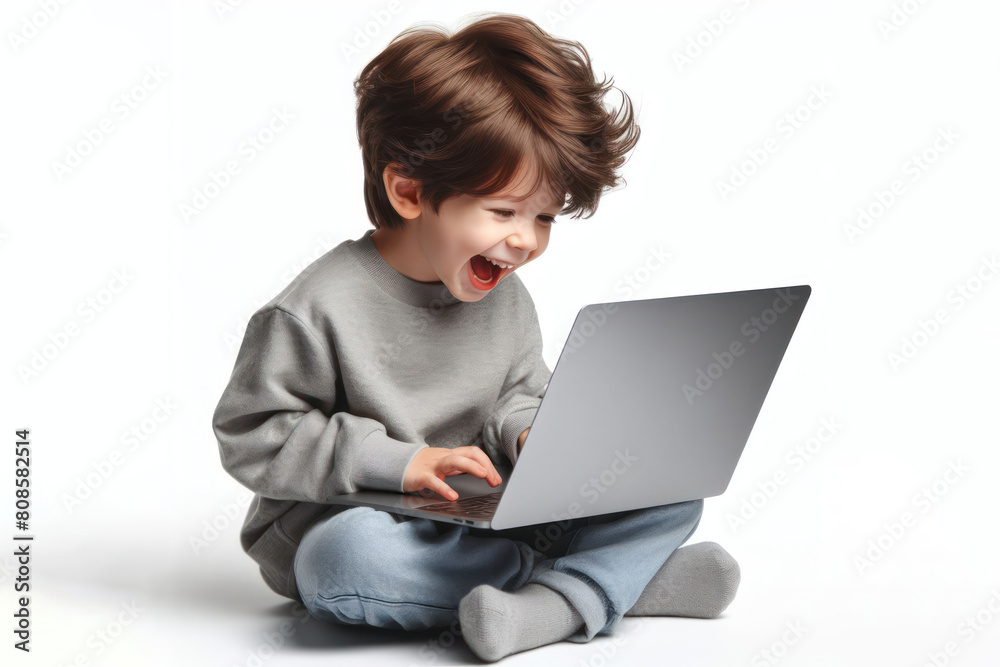 boy use laptop and laughing very much isolated on white background boy use laptop and laughing very much isolated on white background