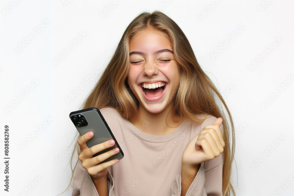 Girl holding phone and laughing very much isolated on white background Girl holding phone and laughing very much isolated on white background