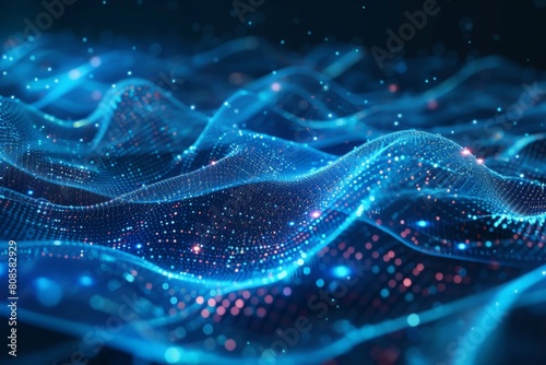 Abstract digital flow particles. Cyber network connection background. Big data visualization. Technology blue backdrop. 3d rendering.
