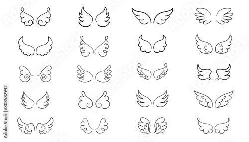 Big set of Bird and Angel wings hand drawn icons. Freedom symbols. Wing sketch tattoo, feather falcon contour. Doodle Vector outline illustration isolated on white background