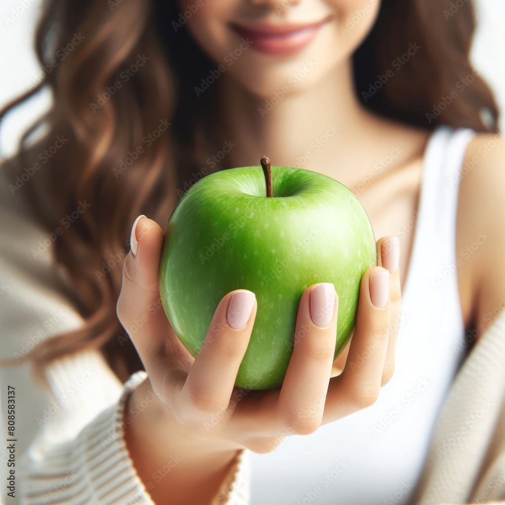 woman's hand holding a green apple white background copy space woman's hand holding a green apple white background copy space
