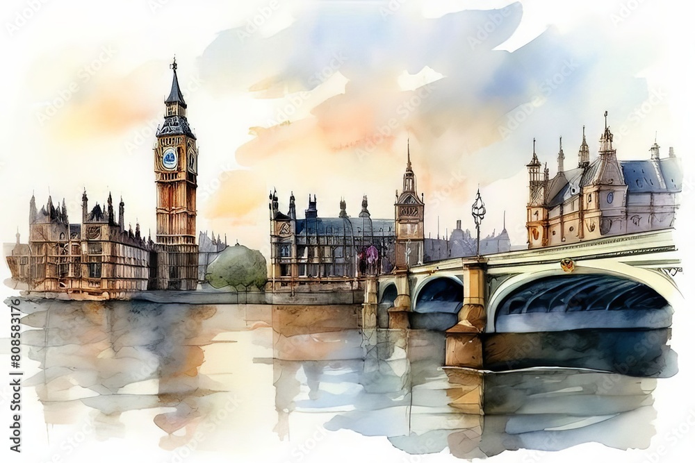 Naklejka premium Stunning London Illustration Featuring Iconic Landmarks,