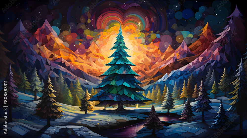 Festive Winter Wonderland Illustration: Decorated Christmas Tree in a Snowy Night Landscape