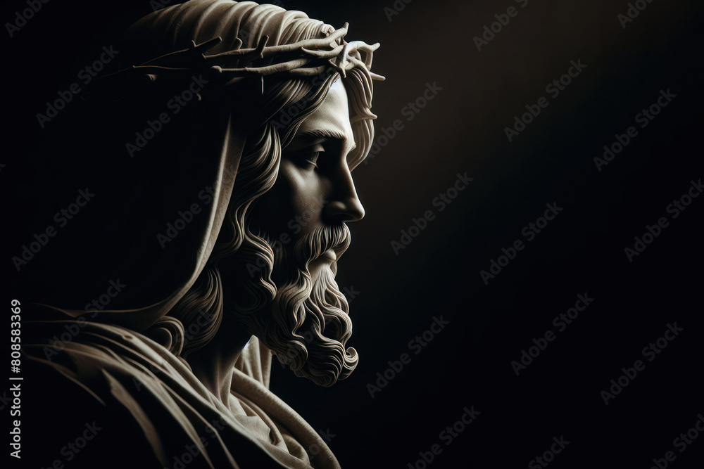 Jesus Christ side portrait on black background atmosphere light Jesus Christ side portrait on black background atmosphere light