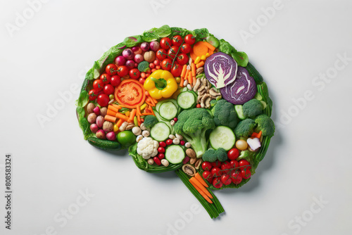 Human brain made of variety of colorful vegetables on a white background
