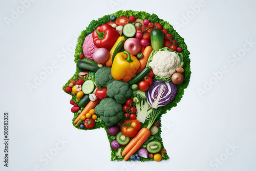 Human brain made of variety of colorful vegetables on a white background