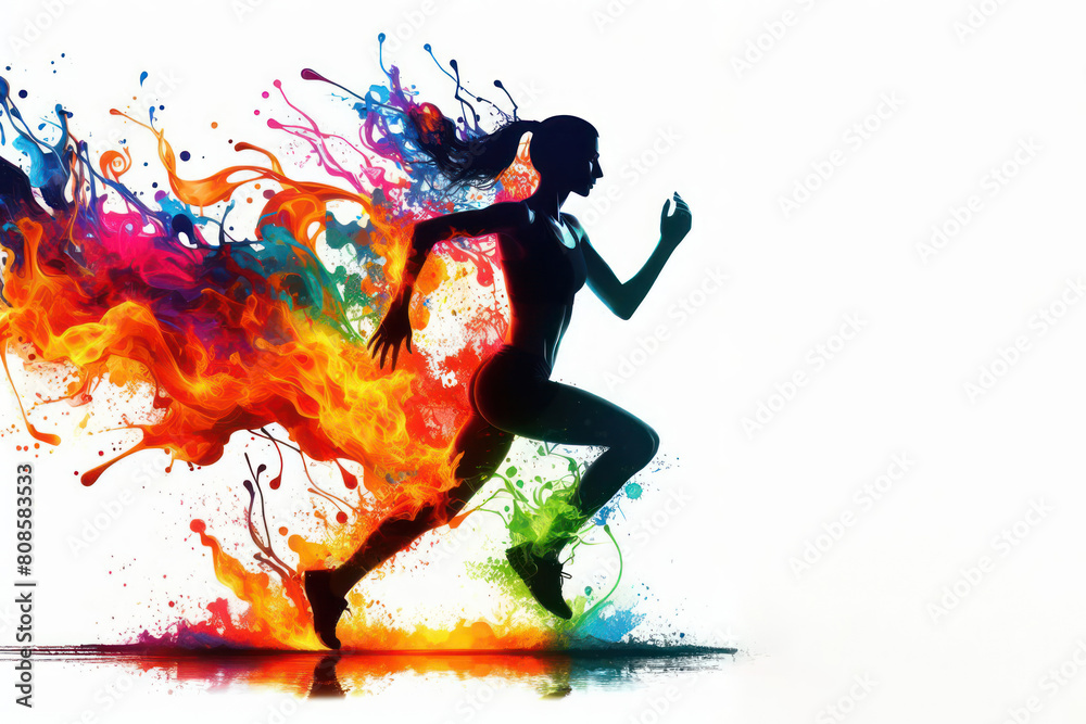runner woman silhouette mixing on fire of different colors on white background runner woman silhouette mixing on fire of different colors on white background