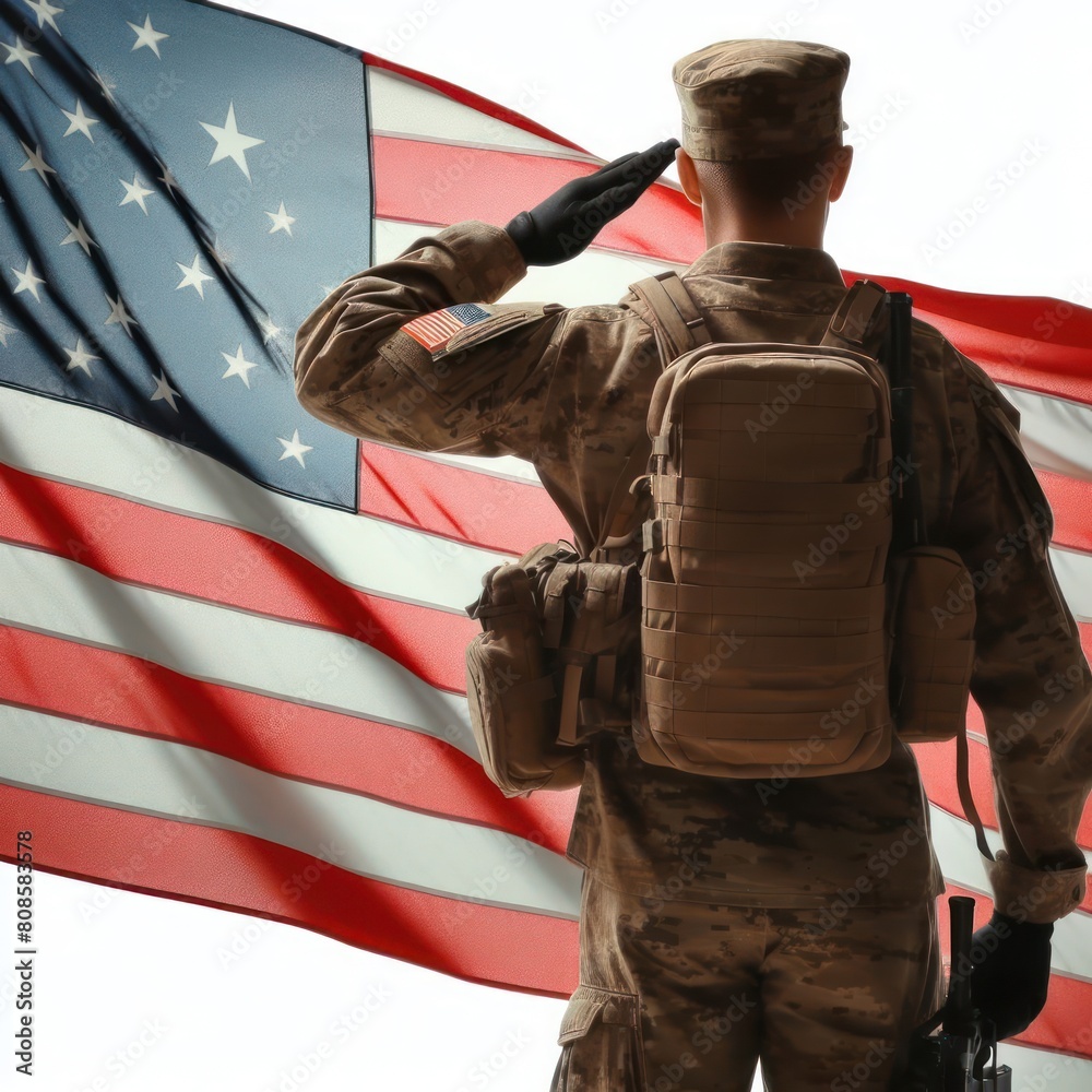Soldier saluting the flag on white background Soldier saluting the flag on white background