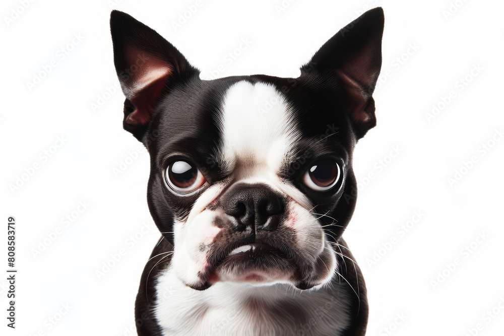 angry Boston Terrier dog on a white background