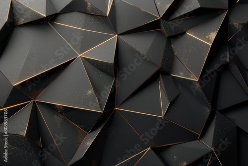 Abstract low-poly black background with golden lines. 3d render illustration