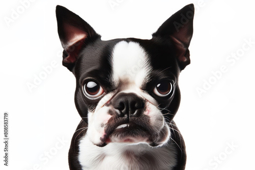 angry Boston Terrier dog on a white background photo