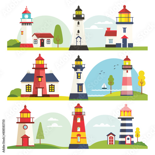 Collection colorful lighthouses, varied designs landscapes. Graphic style flat, nautical theme, coastal settings. Nine distinct lighthouses, showcasing unique architecture color schemes