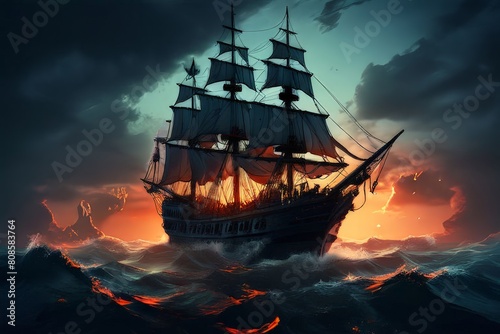a pirate ship floats on the water, under a cloudy sky
