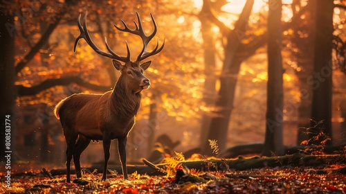 A regal stag standing proudly amidst a forest clearing  its antlers silhouetted against the setting sun 