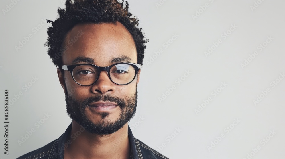 portrait of young man of African descent with a dark complexion, sporting short, wavy, curly hair, neatly trimmed beard, and glasses