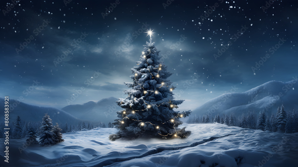 Decorated Christmas Tree in the Winter Wonderland, Xmas in the Snow, Frozen Landscape with Mountains in the background Decorated Christmas Tree in the Winter Wonderland, Xmas in the Snow, Frozen Landscape with Mountains in the background