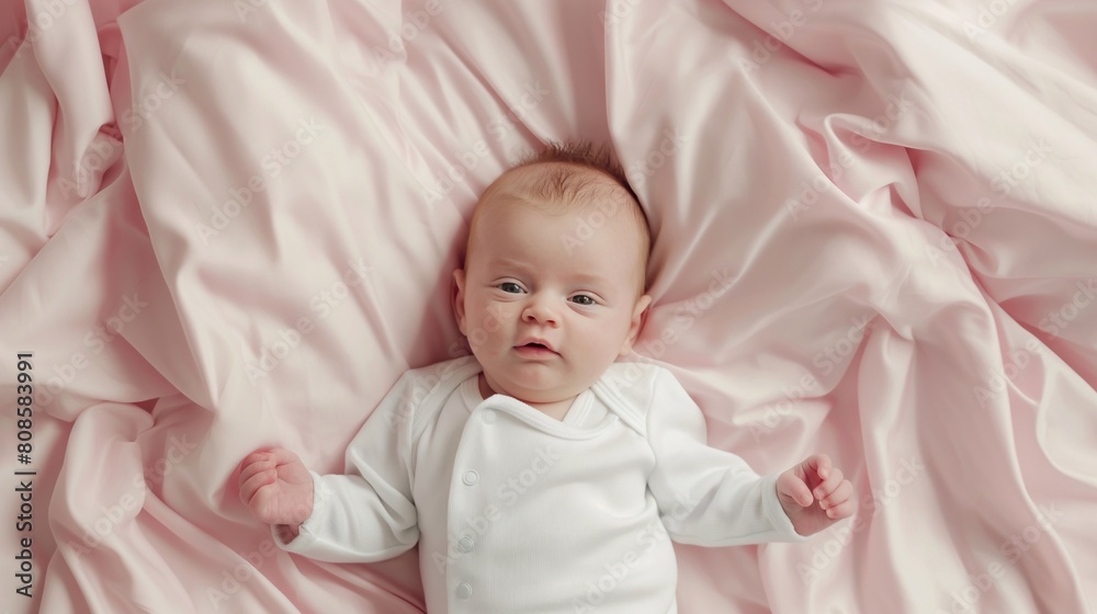 Cute little newborn baby lying on pink sheets, top view banner with copy space. Heavenly Slumber, A Tranquil close-up Portrait of a Peaceful child Resting on a bed, Immersed in the Comfort for Sleep Cute little newborn baby lying on pink sheets, top view banner with copy space. Heavenly Slumber, A Tranquil close-up Portrait of a Peaceful child Resting on a bed, Immersed in the Comfort for Sleep