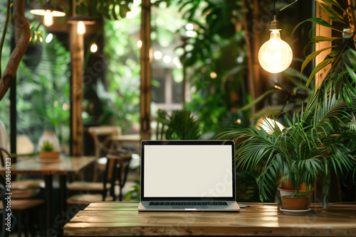 Mockup of computer monitor on desk in with plant background 
