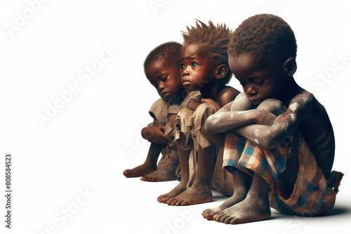 Poor hungry African children on white background photo