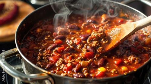 Hearty beef chili with beans and tomatoes garnished with fresh herbs. Close-up food photography.