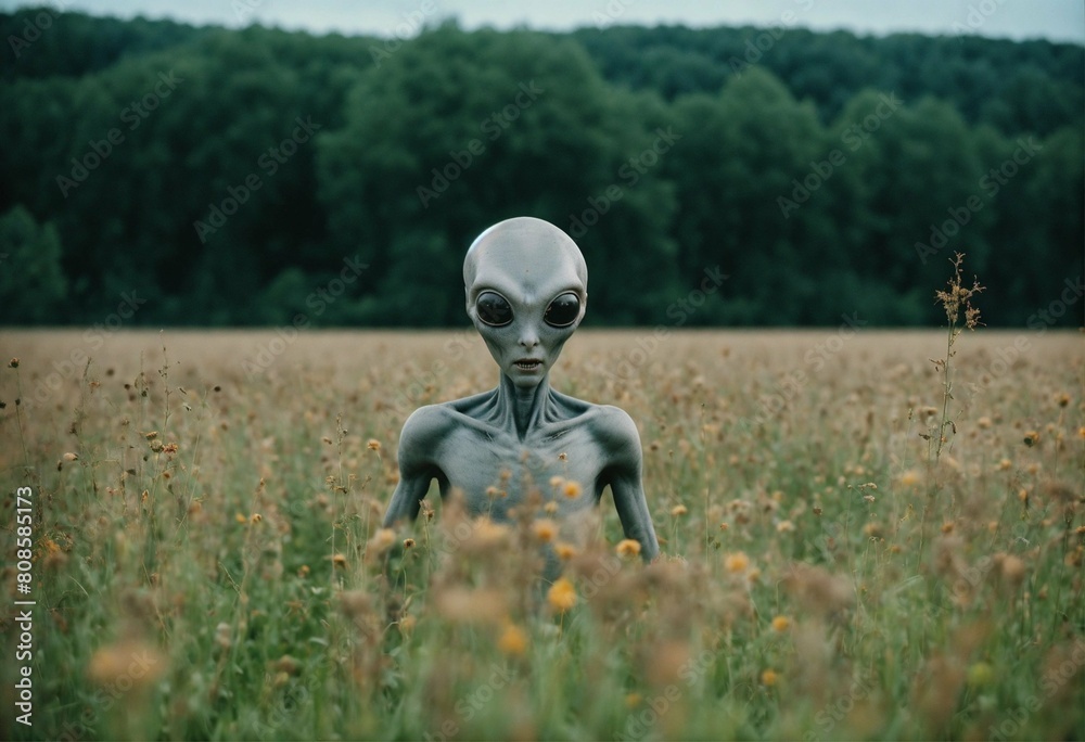 Creepy gray alien in the middle of a field looking at camera Creepy gray alien in the middle of a field looking at camera